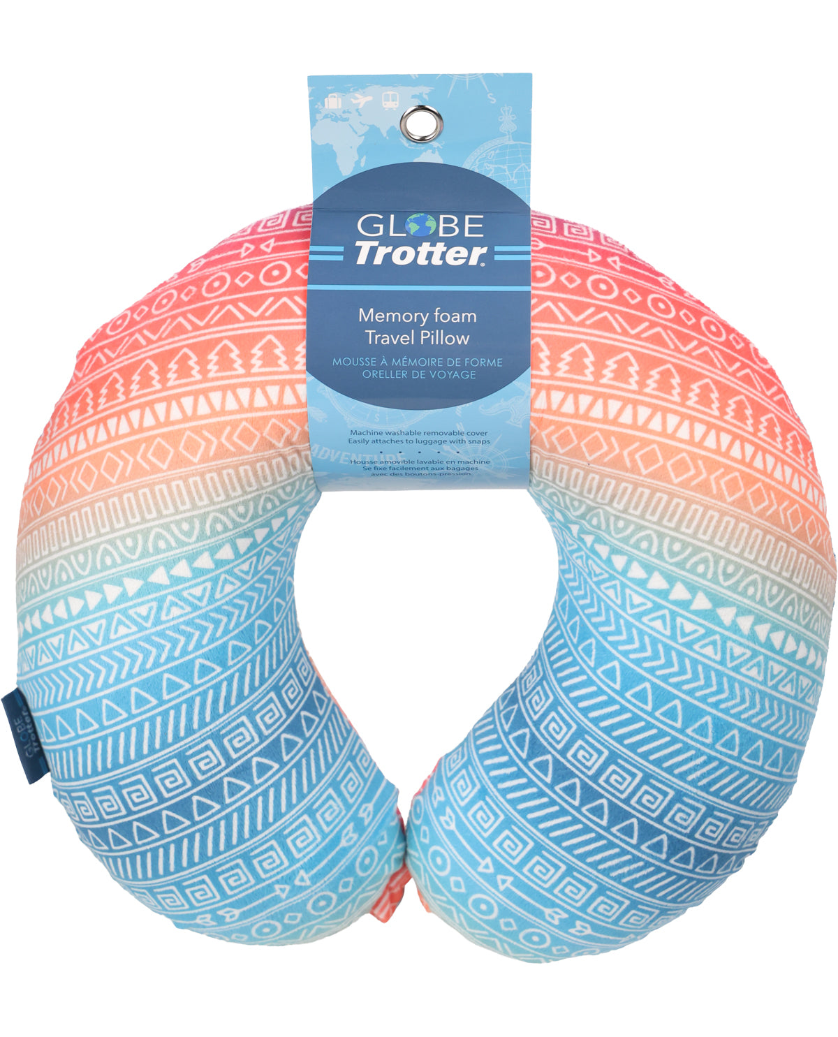 A Globe Trotter Memory Foam Travel Pillow with a blue, pink, and white geometric pattern, shown with its retail packaging tag on a white background.