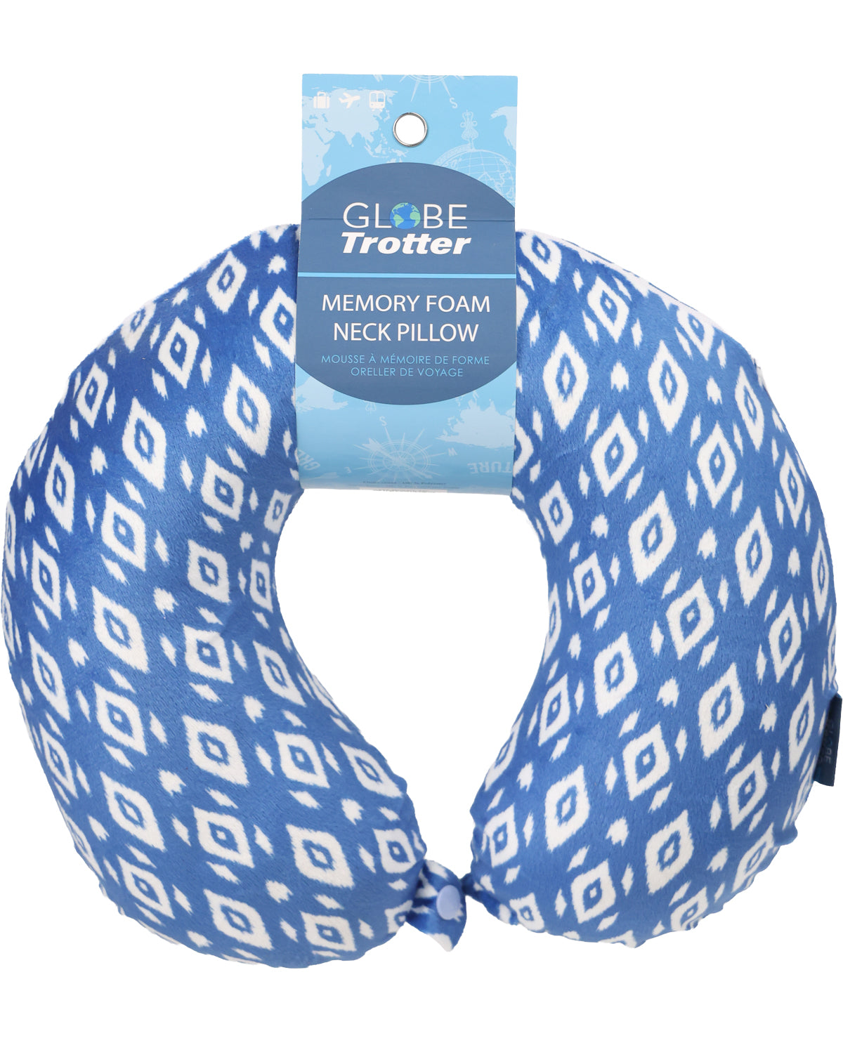 A blue and white patterned Globe Trotter memory foam neck pillow with its original packaging tag attached, shown against a plain white background.