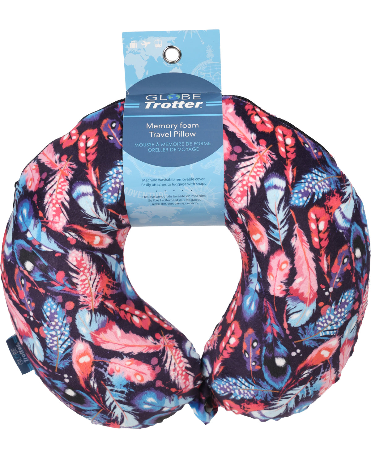 A Globe Trotter Memory Foam Travel Pillow with a vibrant multicolor feather pattern on a dark navy background, still attached to its blue retail packaging card.