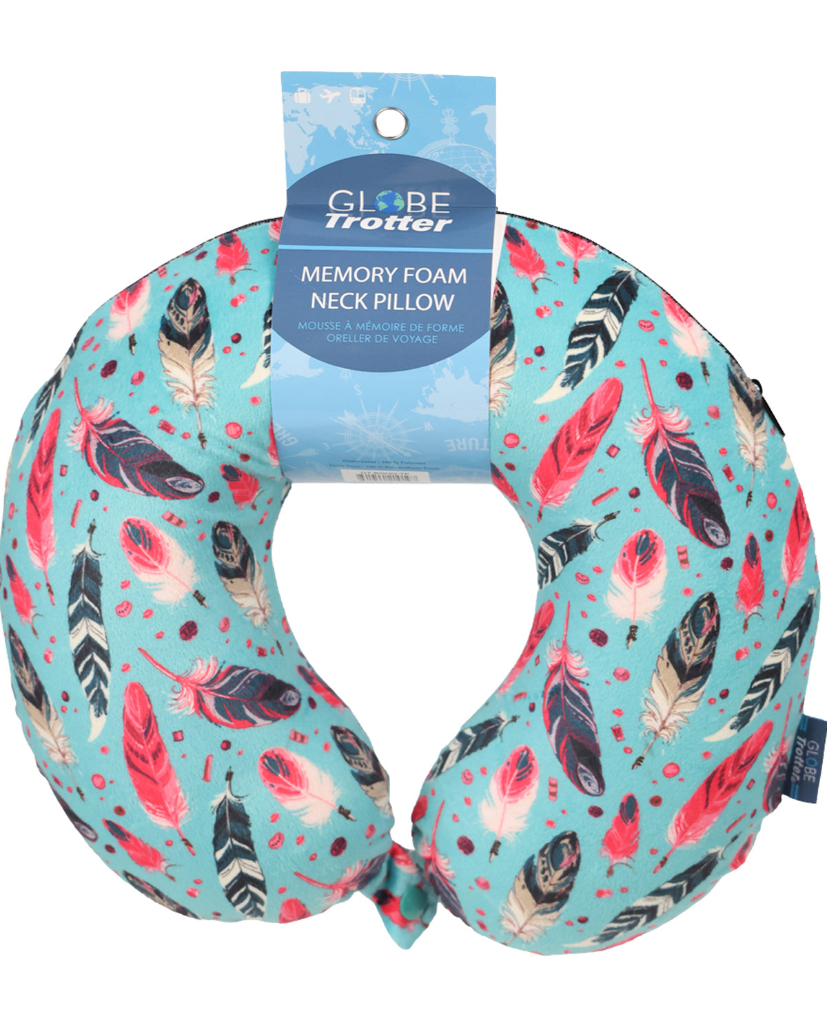 A Globetrotter Memory Foam Neck Pillow with a turquoise blue background and a colorful feather pattern in pink, red, black, and white. The product is shown with its blue retail hang tag attached.