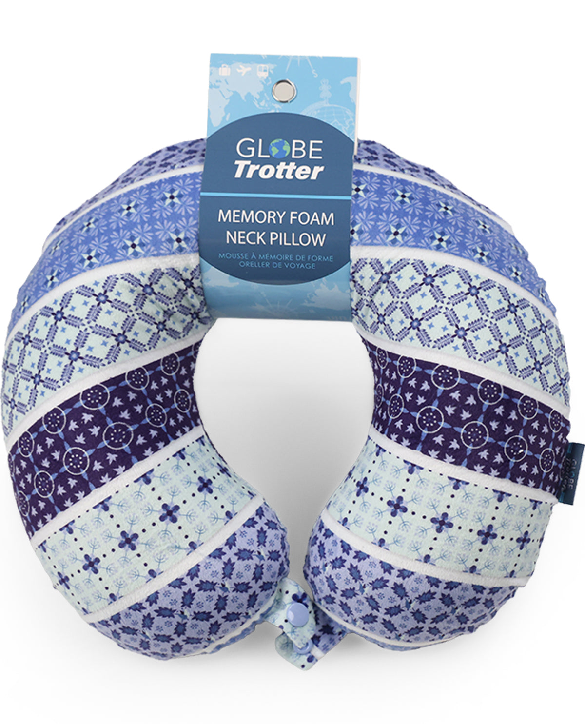 A Globe Trotter Memory Foam Neck Pillow with a blue, navy, and white geometric pattern, still attached to its original retail packaging tag.