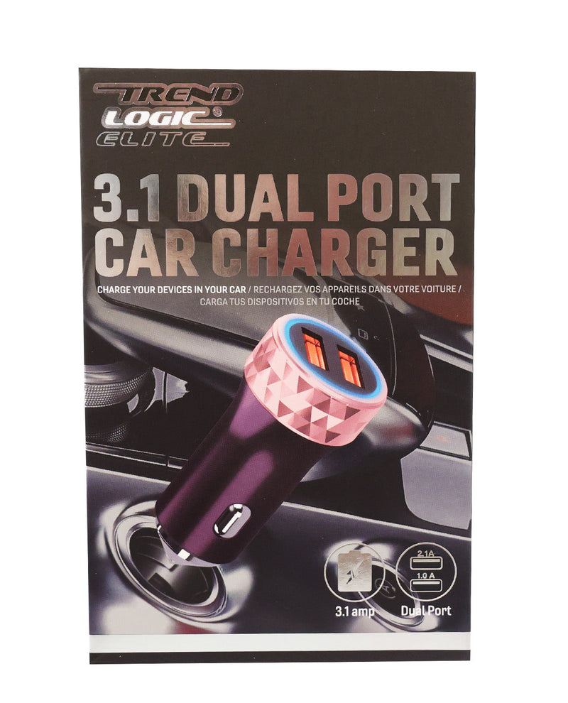 Trend Logic Elite 3.1 Dual Port Car Charger retail packaging, featuring a purple and pink device illustration on a dark background.
