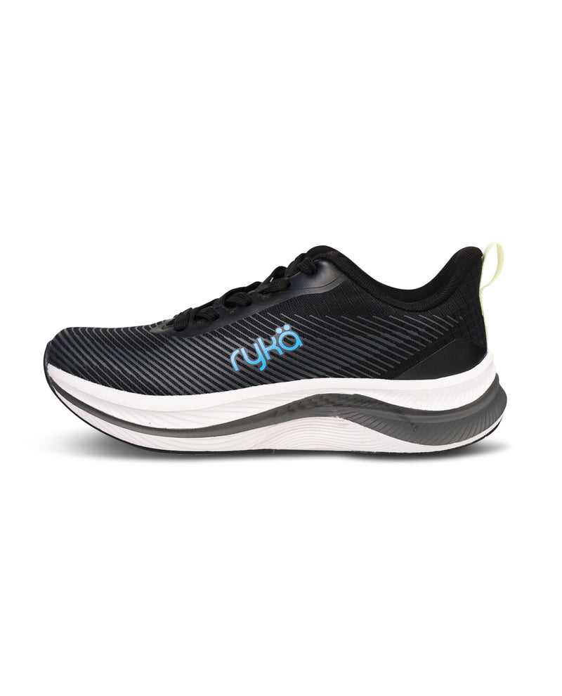 Black running shoe with white sole on a white background