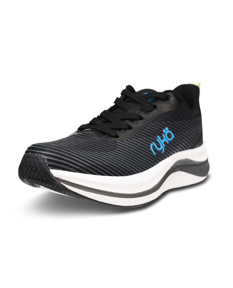 Black running shoe with white sole and blue branding on a white background