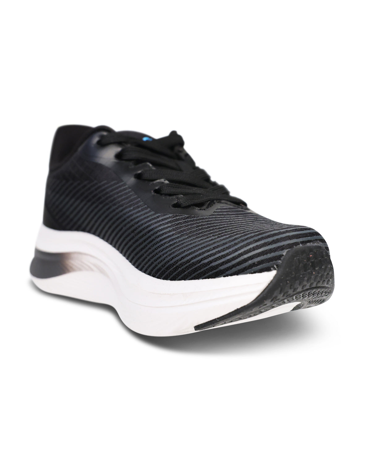 Black athletic shoe with white sole on a white background