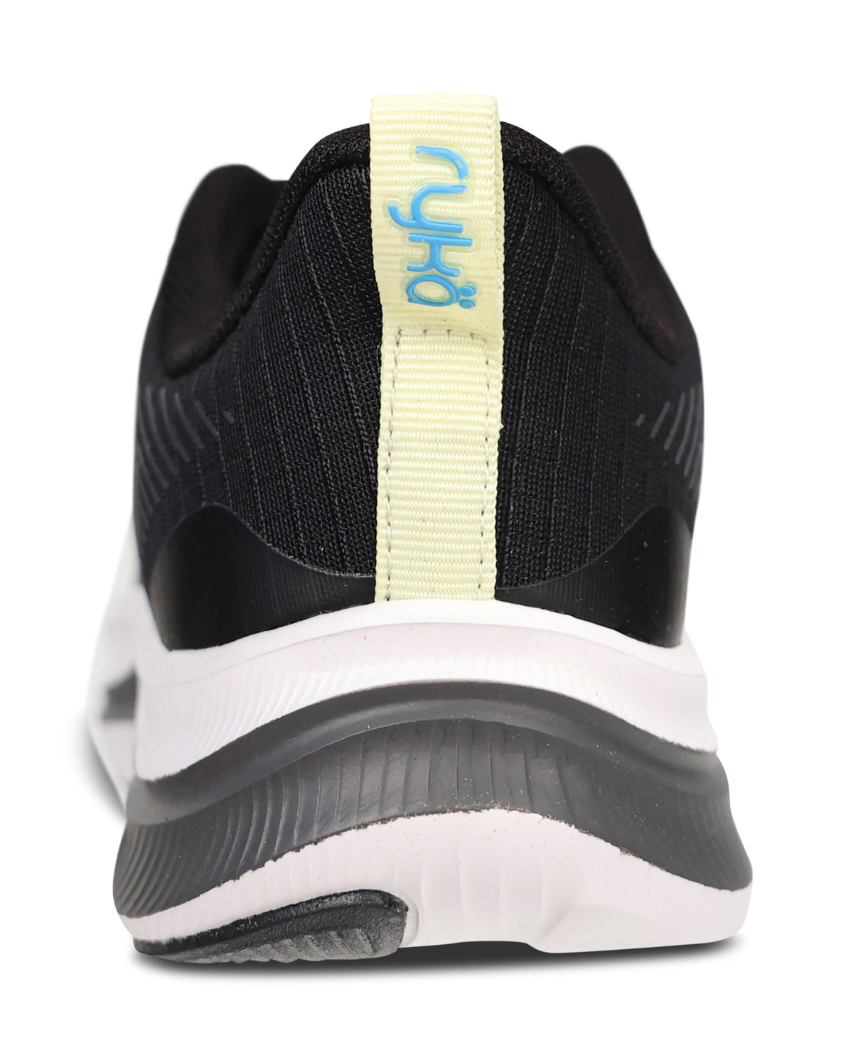 Black athletic shoe with a white sole and yellow strap on a white background