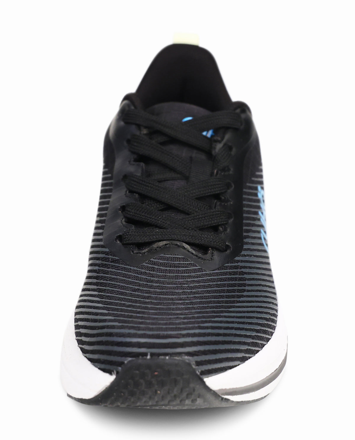 Black athletic shoe with white sole on a white background