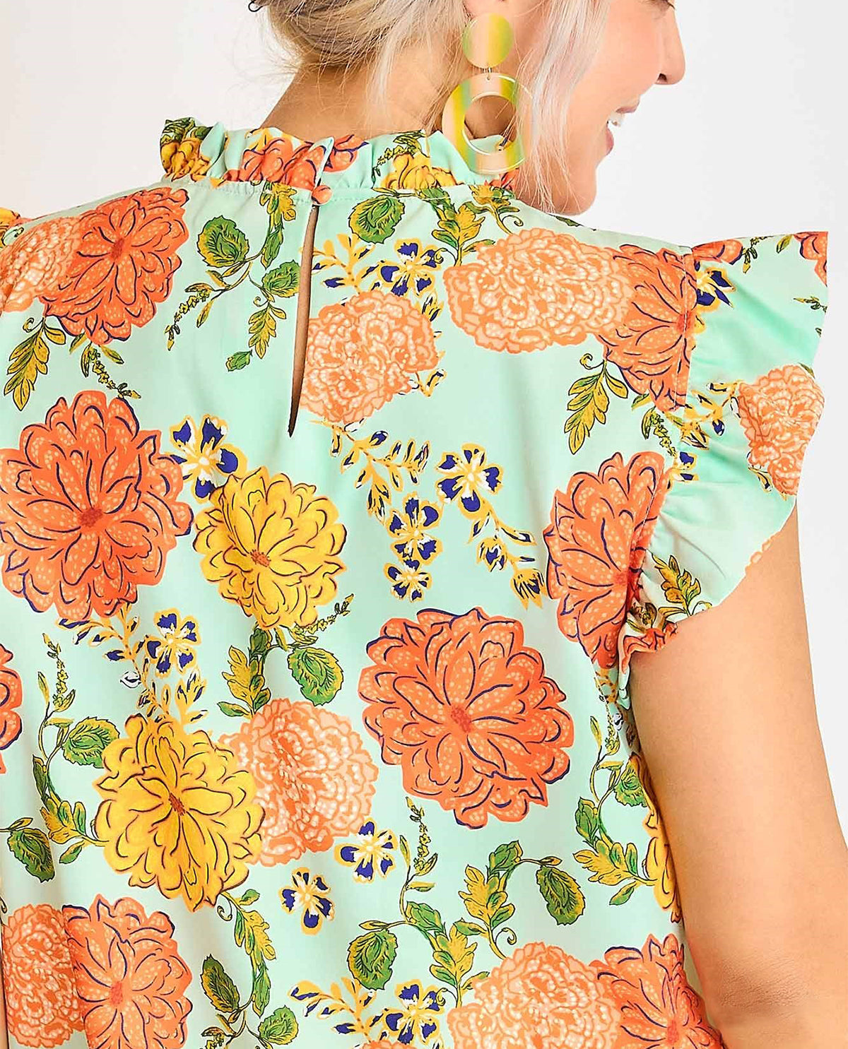 Floral Print High Neck Top with Ruffle Sleeves