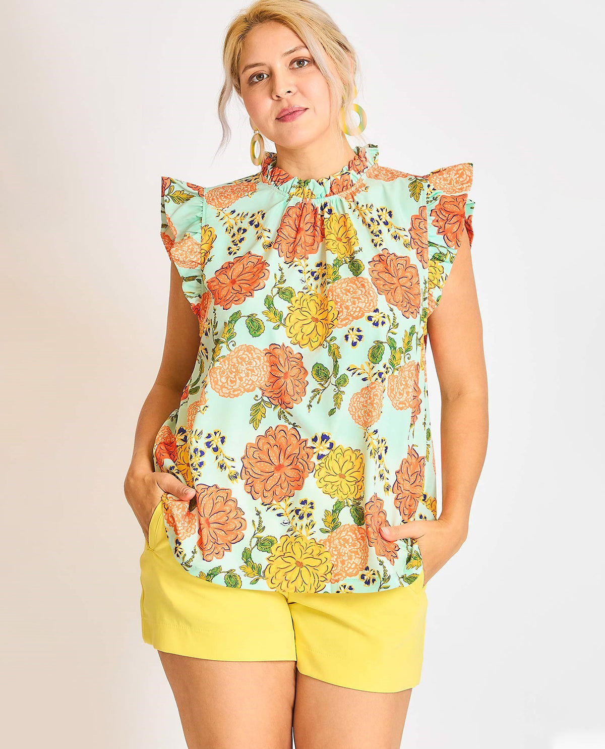 Floral Print High Neck Top with Ruffle Sleeves