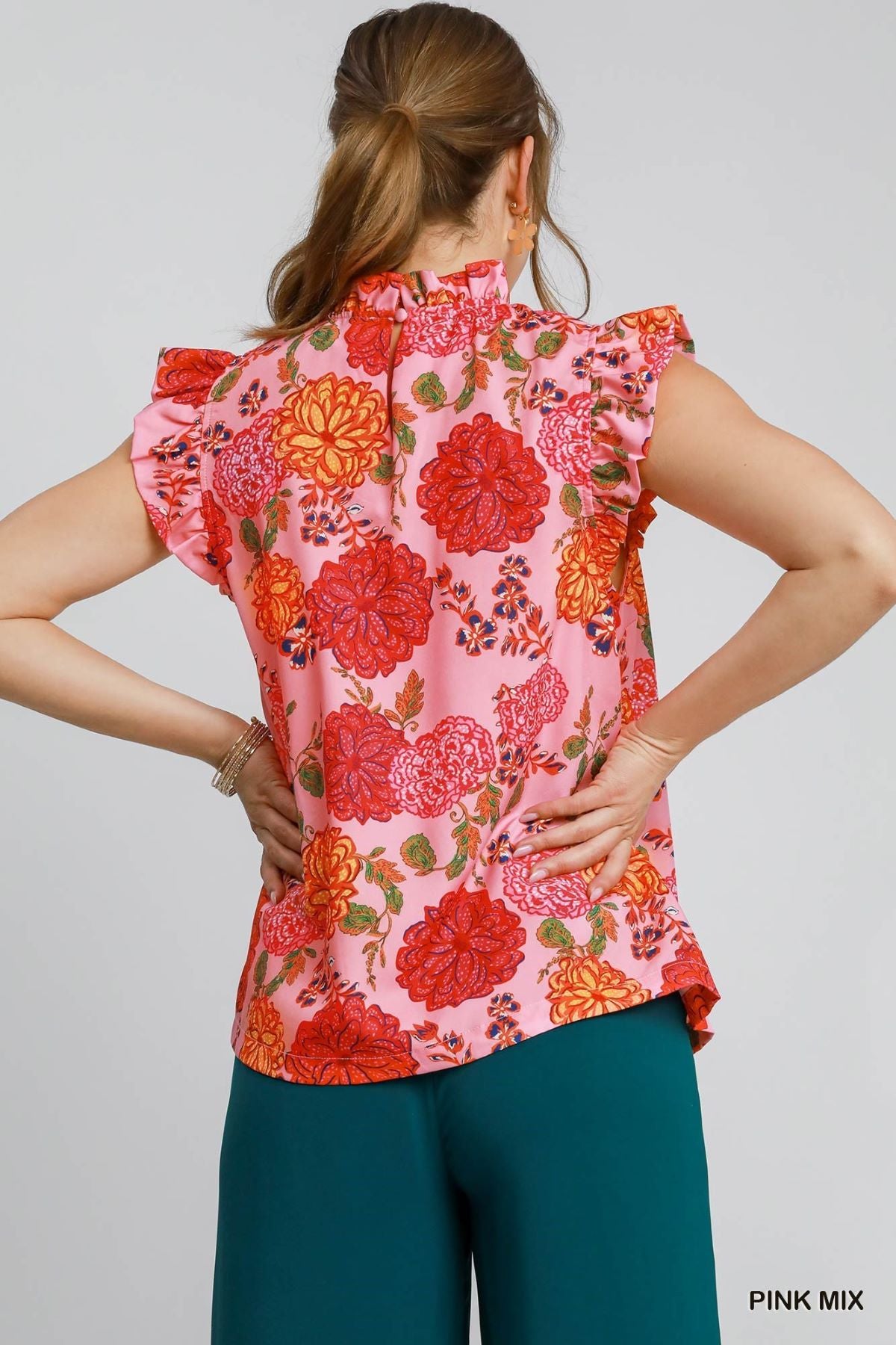 Floral Print High Neck Top with Ruffle Sleeves