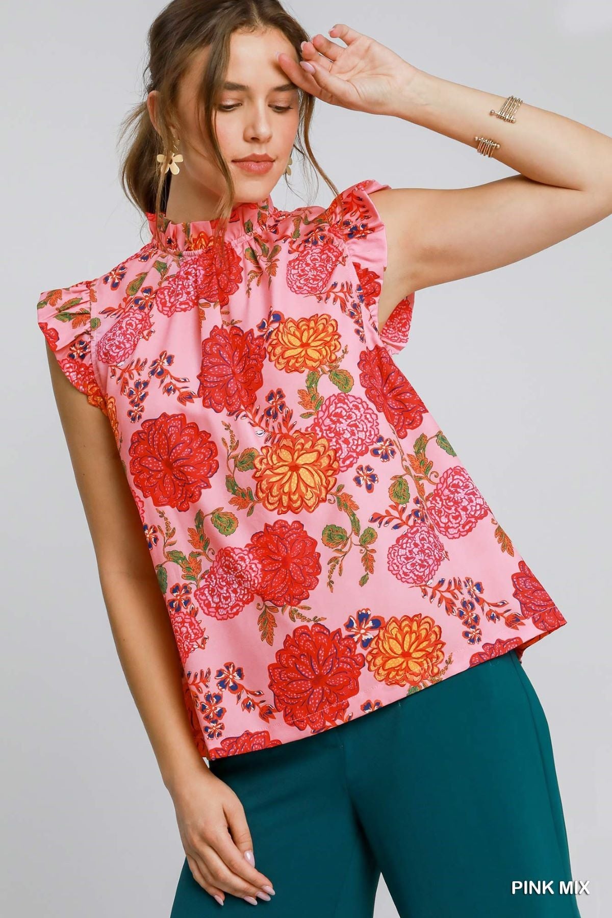 Floral Print High Neck Top with Ruffle Sleeves