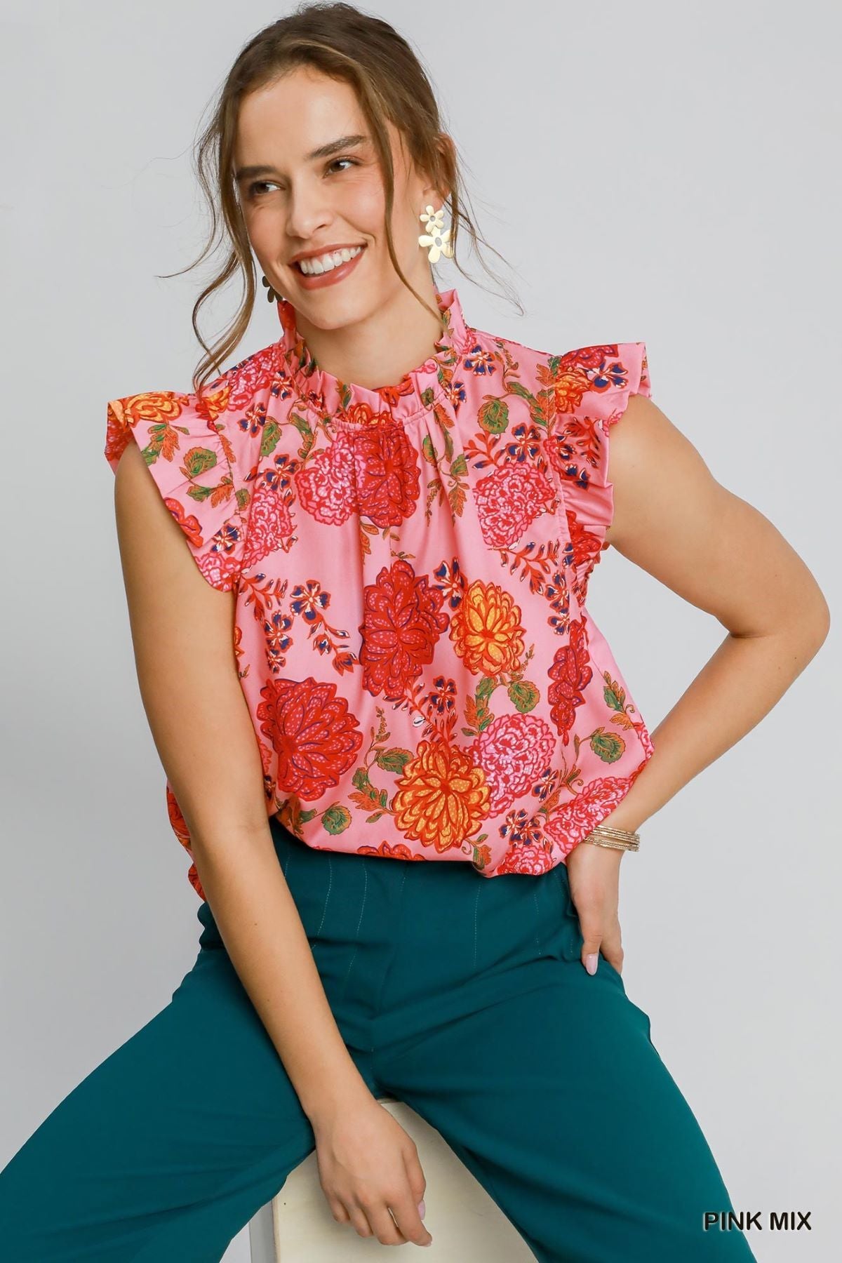 Floral Print High Neck Top with Ruffle Sleeves