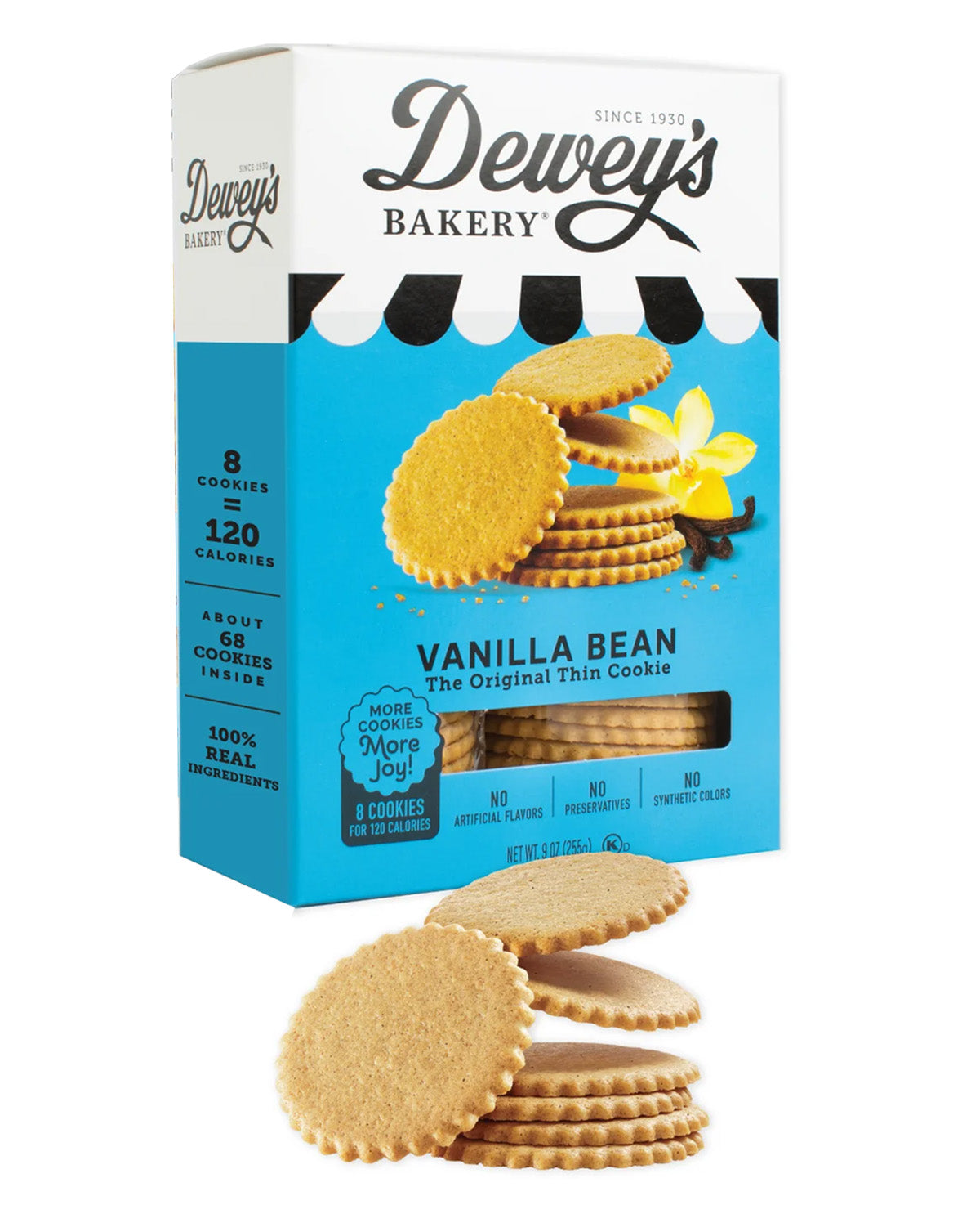 Dewey's Bakery Vanilla Bean Thin Cookies in a white and blue box, with several round golden-brown cookies displayed in front on a white background.