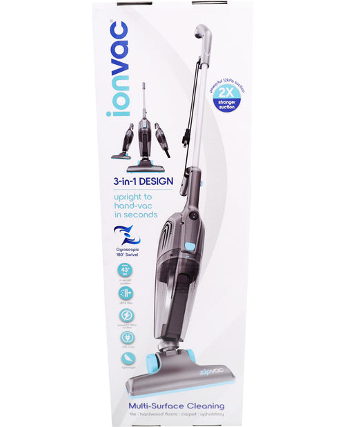 A Ionvac 3-N-1 Lightweight Multi-Surface Vacuum Cleaner in gray color, displayed in its packaging which has branding and product information.