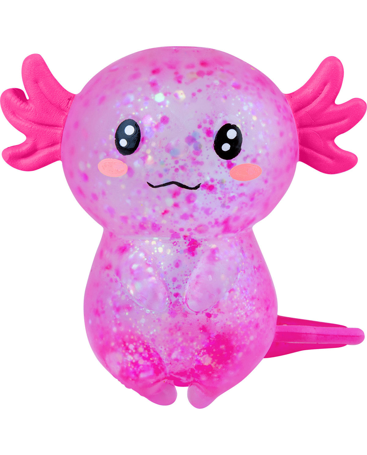 Pink axolotl toy with a glittery texture on a white background