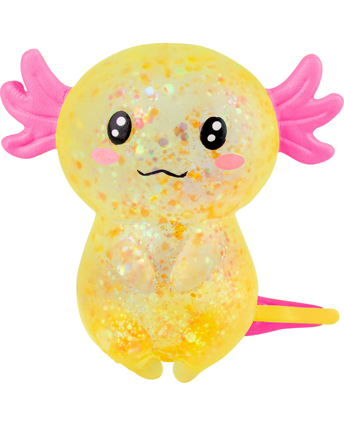 Yellow axolotl plush toy with pink antennae on a white background
