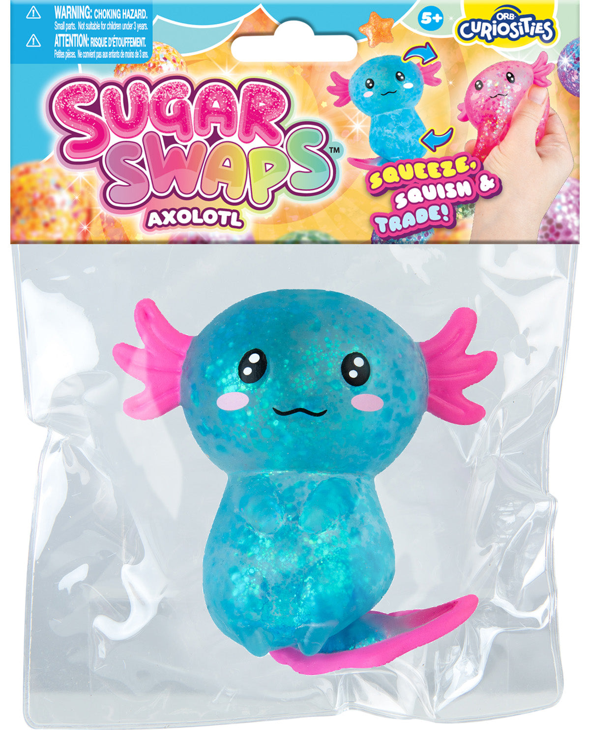 Toy axolotl in packaging with 'Sugar Swaps' branding