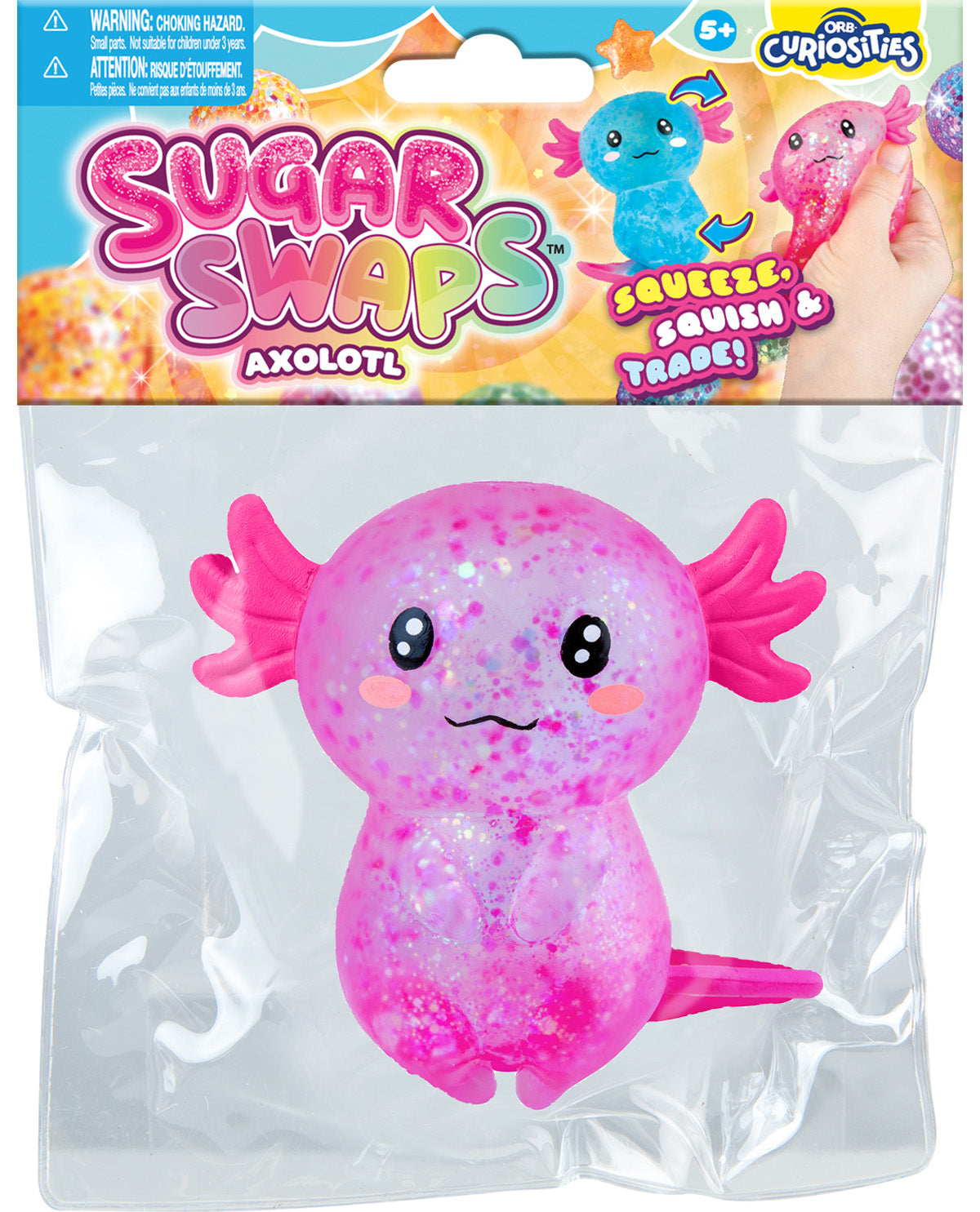 Pink axolotl toy in a clear package with 'Sugar Swaps' branding.