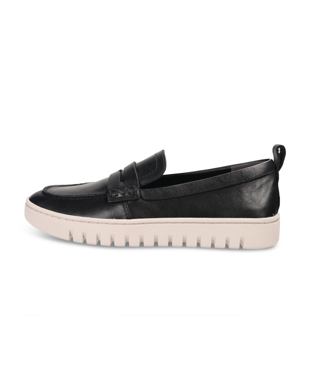 A black leather slip-on loafer with a textured off-white sole, shown in a side profile view against a plain white background.