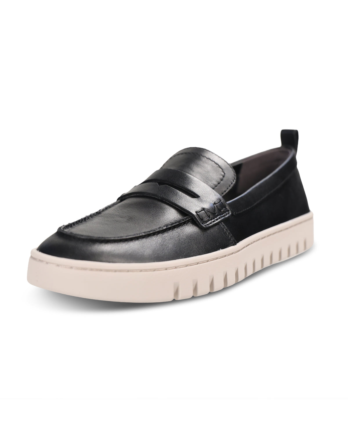 A black leather slip-on loafer with a decorative strap and a chunky, textured off-white platform sole, shown from a three-quarters angle on a white background.