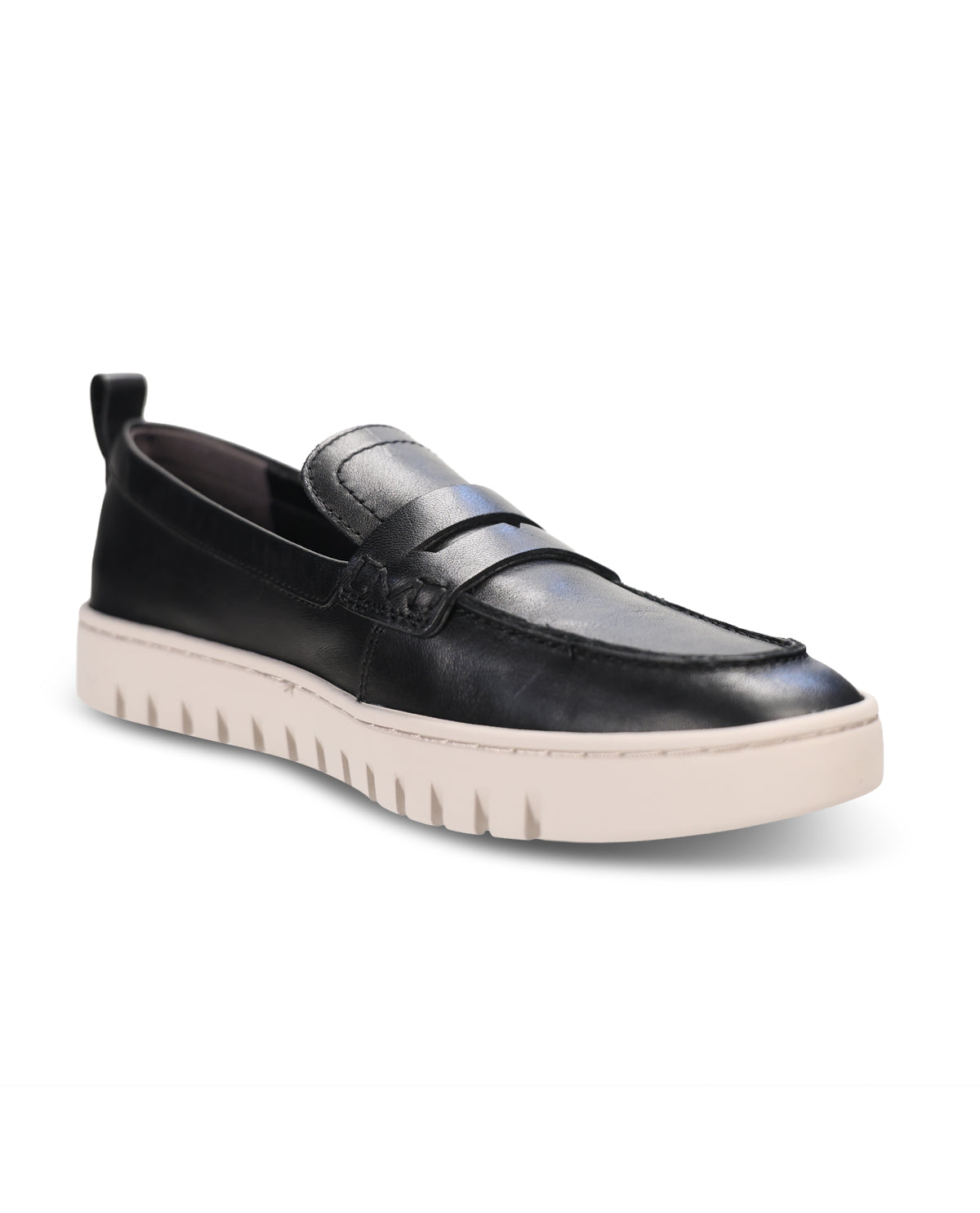 A single black leather slip-on loafer with a chunky, textured off-white platform sole, shown from a three-quarters angle on a white background.