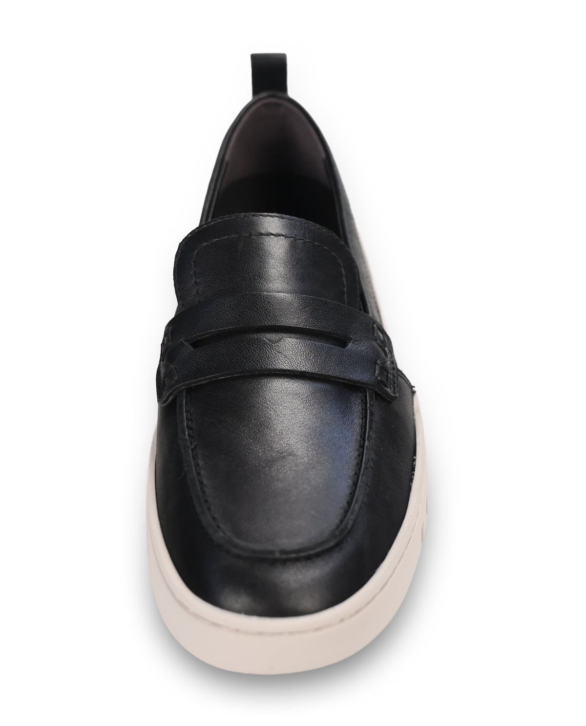A black leather slip-on loafer with a thick, chunky off-white platform sole, shown from a top-down perspective on a white background.