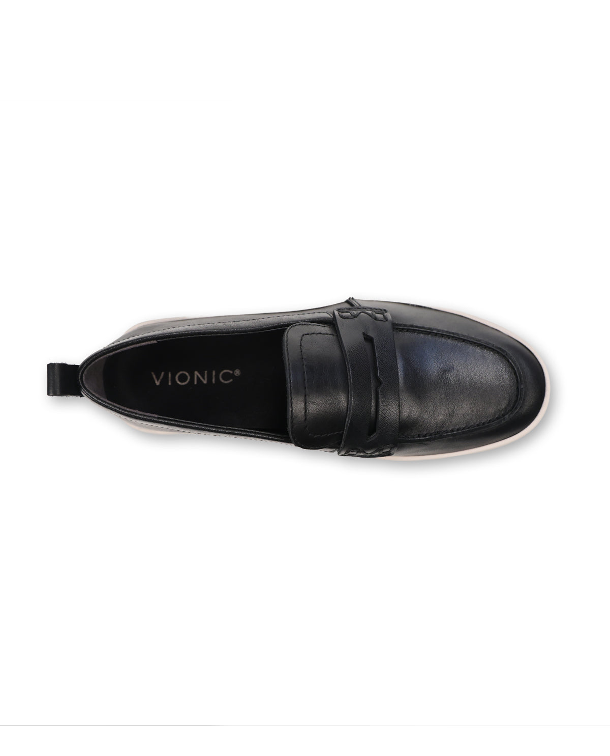 A black leather penny loafer shoe shown from a top-down view on a white background, with the brand name VIONIC printed on the insole.