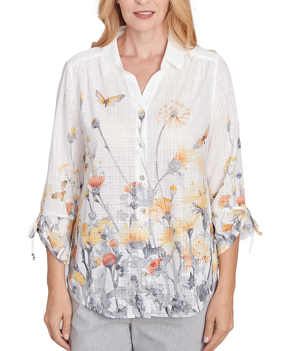 Alfred Dunner Dress Code Petite Butterfly Floral Top White