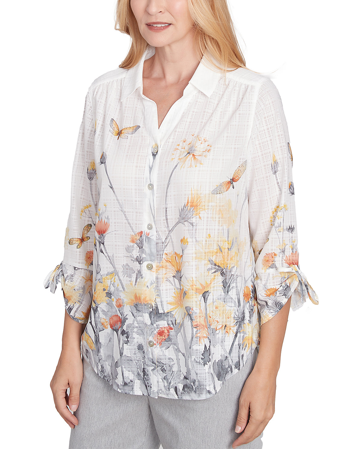 Alfred Dunner Dress Code Petite Butterfly Floral Top White
