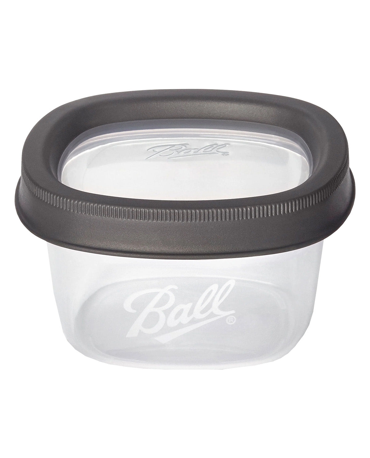 A clear plastic Ball food storage container with a dark gray screw-on lid, shown on a plain white background.