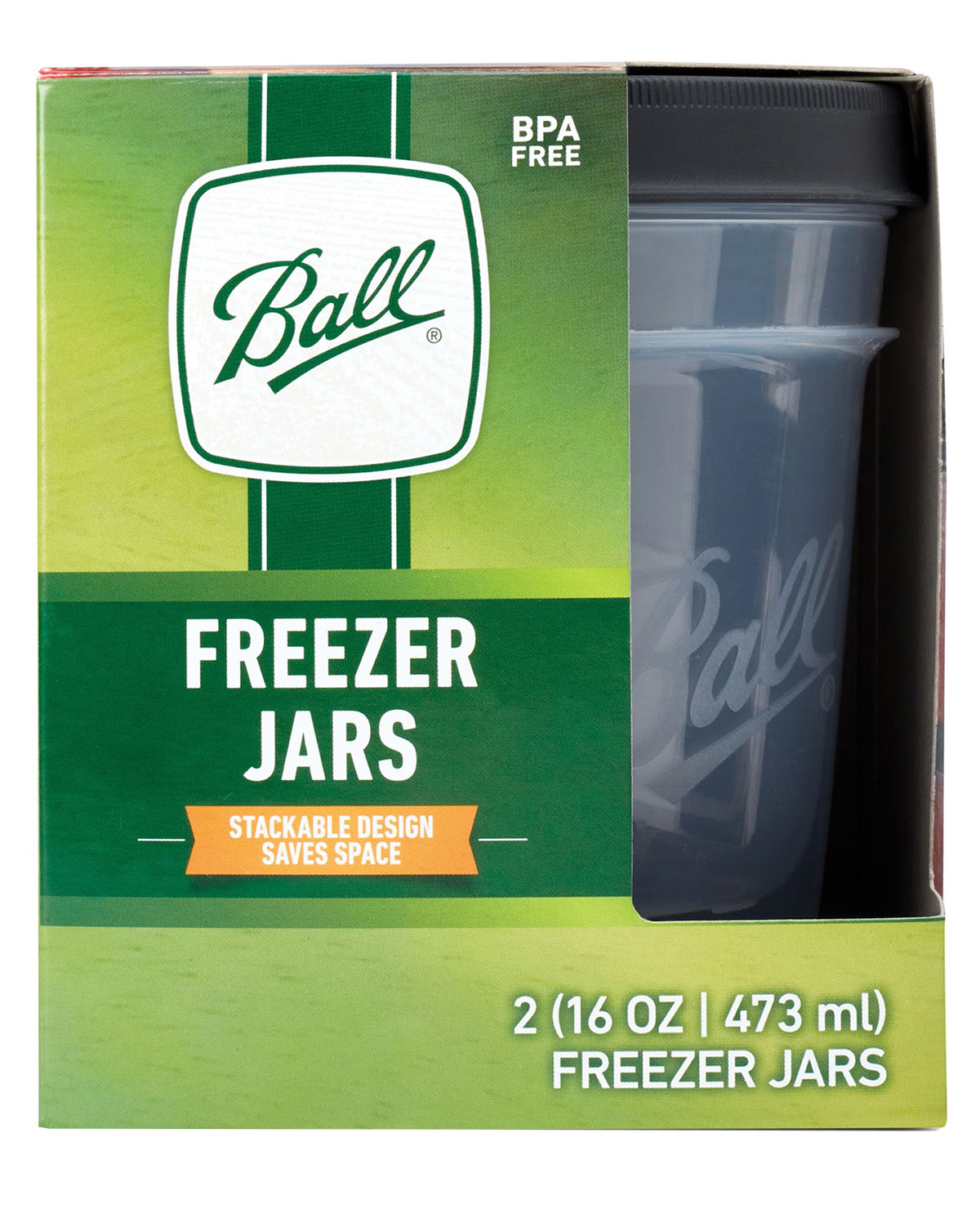 Ball brand freezer jar set in retail packaging, showing two translucent dark gray 16 oz freezer jars visible through a green and yellow box labeled BPA Free and stackable design.