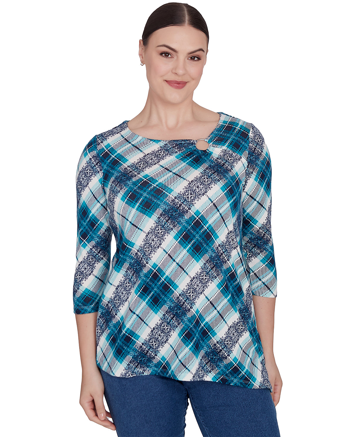 Ruby Road Missy Wintery Glow 3/4 Plaid Hatchi Knit Top