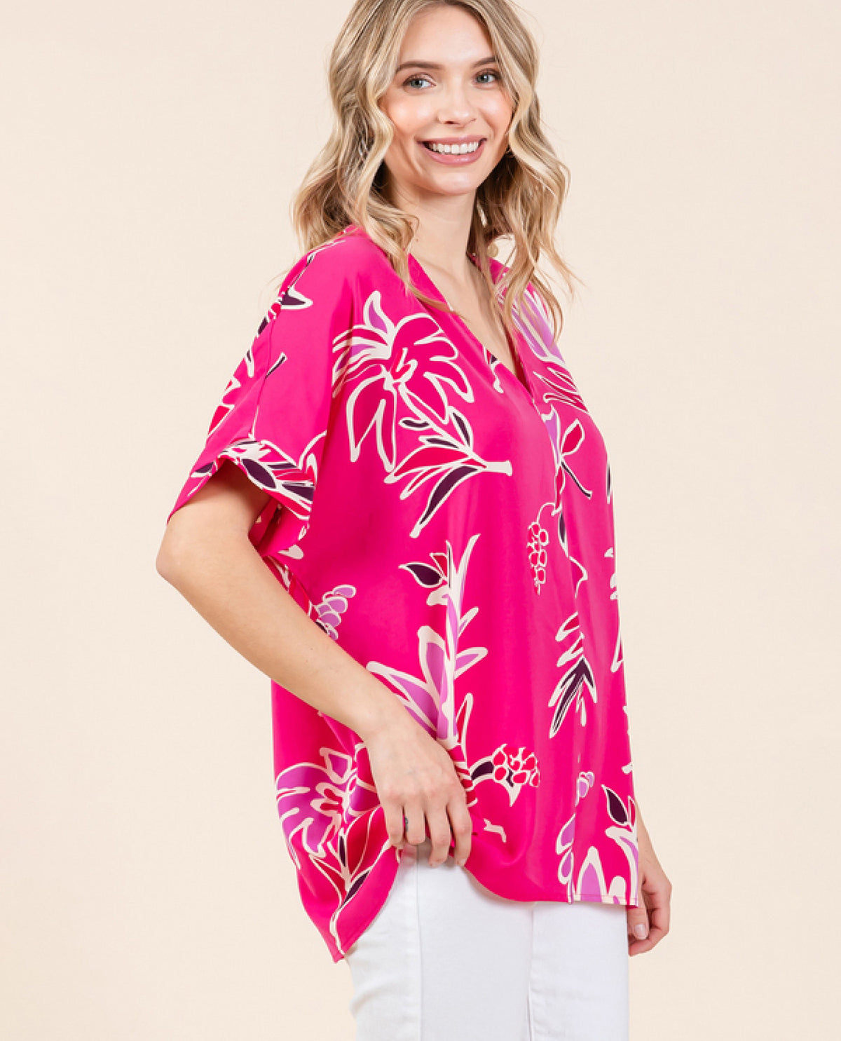 Floral Print V-Neck Dolman Top