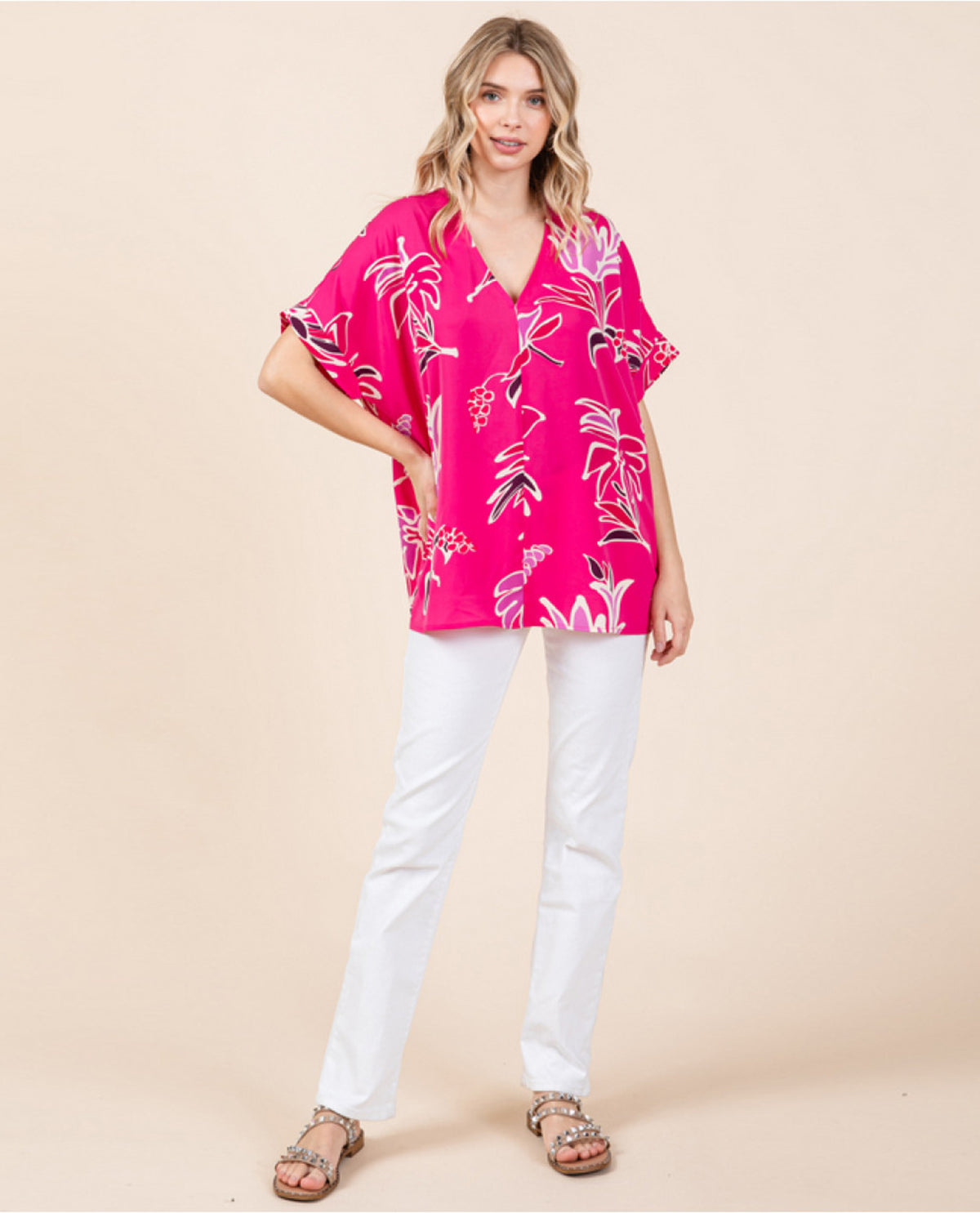 Floral Print V-Neck Dolman Top