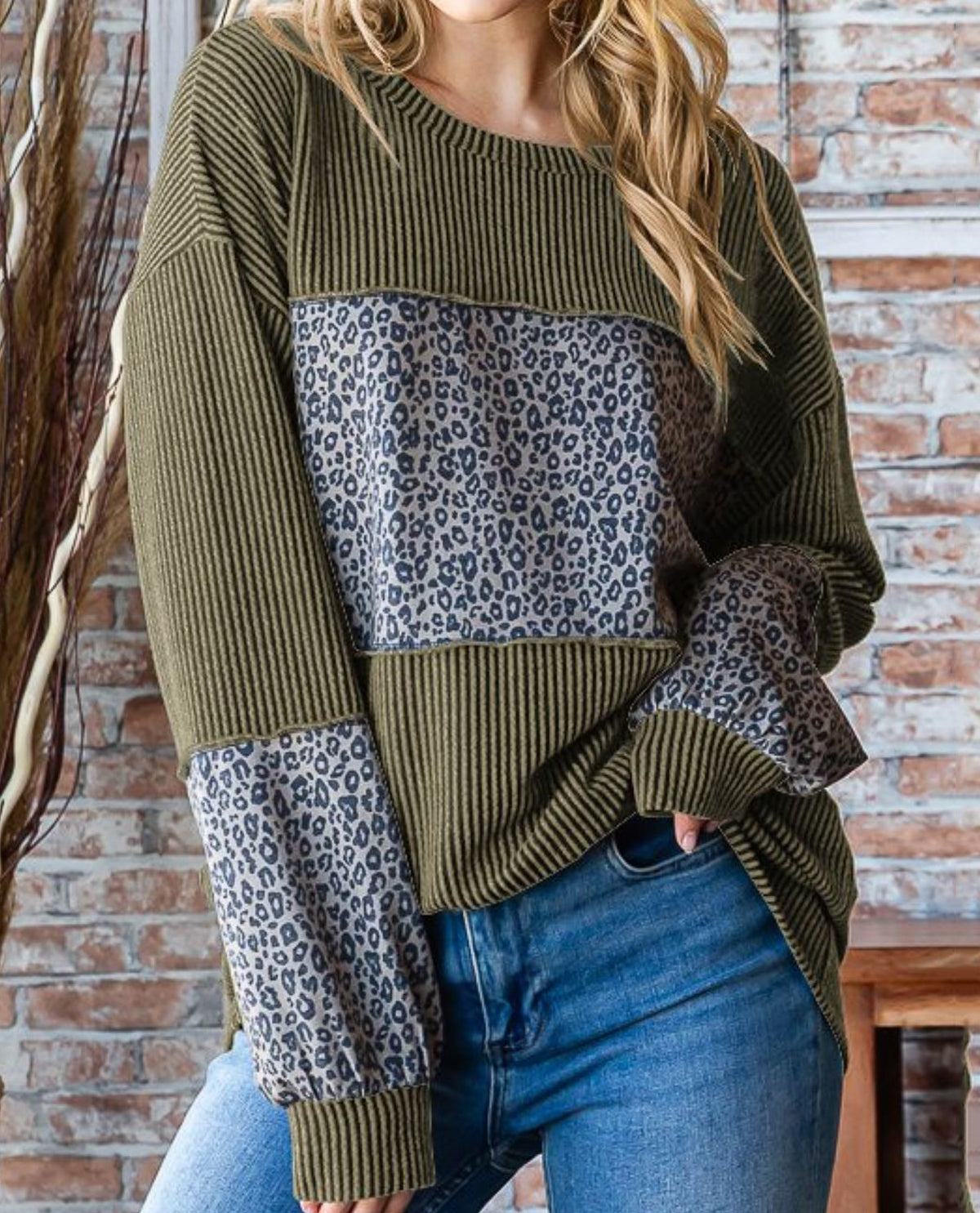 Urban Ribbed Colorblock Leopard Print Top