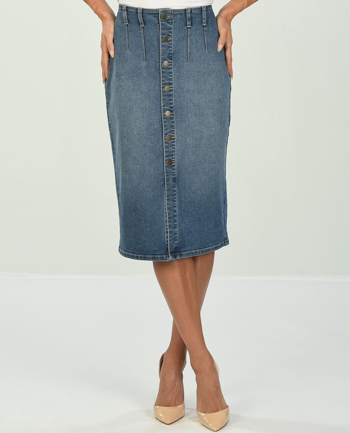 D Jeans Button Front Midi Skirt