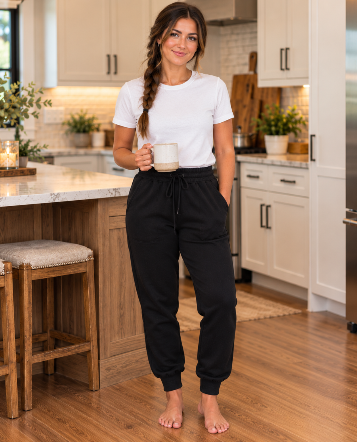 A woman stands barefoot in a bright kitchen wearing a white short-sleeve T-shirt and black jogger sweatpants, holding a white mug.