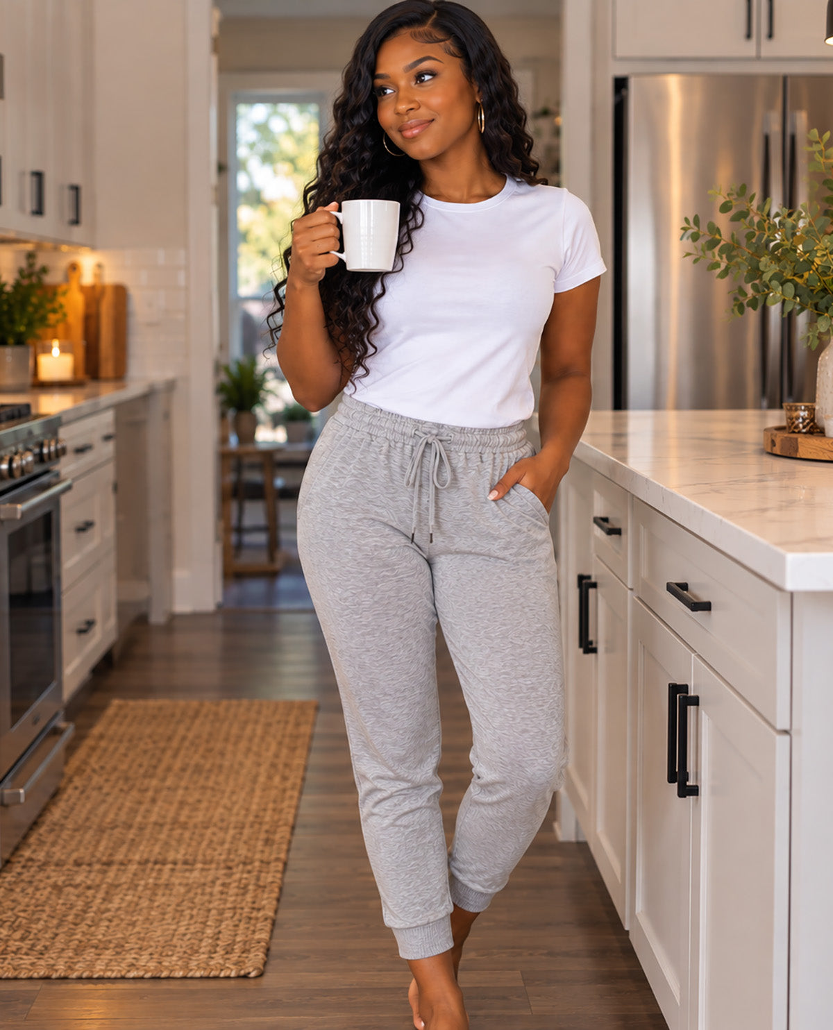 A woman stands in a bright, modern kitchen wearing a white crewneck t-shirt and light gray heather jogger sweatpants, holding a white mug.
