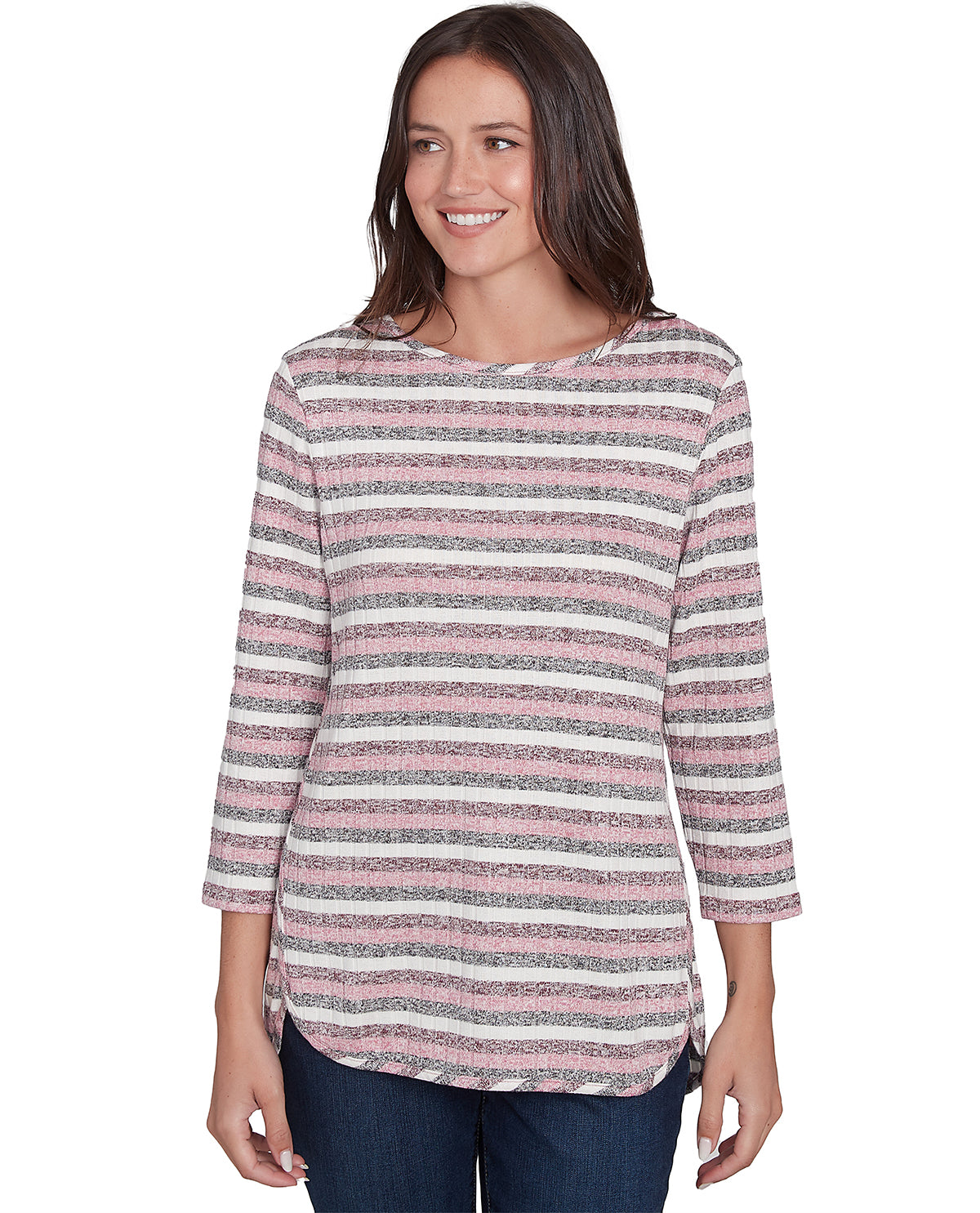 Ruby Road Petite Casual Luxe Ballet Neck Stripe Rib Knit Top