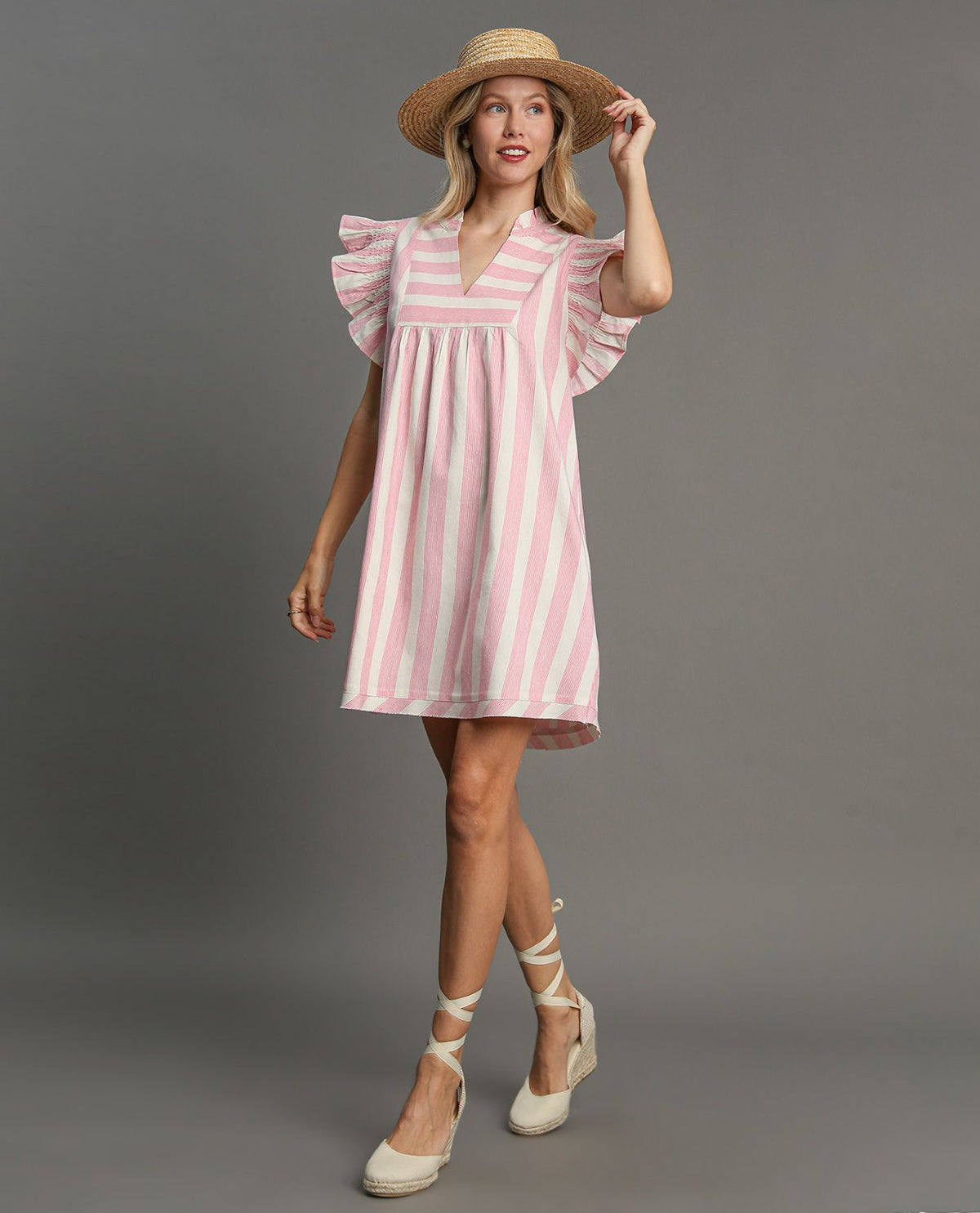 Umgee Stripe Dress With Flutter Sleeve