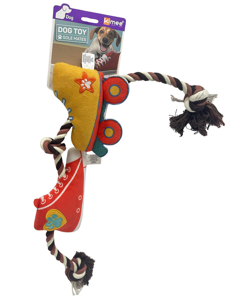 A Kamee dog toy shaped like a pair of roller skates attached to a twisted rope, shown with its retail header card on a plain white background.