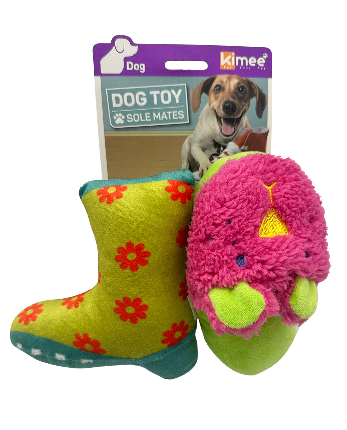 A Kimee dog toy set featuring a green boot-shaped sole mat with red flower patterns and a pink bird-shaped sole mat, shown with its retail packaging card against a white background.