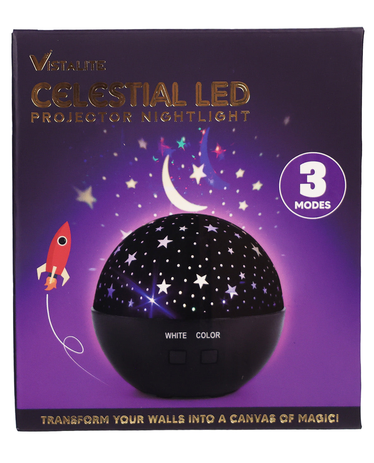 Volumex Celestial LED Projector Nightlight in its retail packaging, featuring a black spherical projector with star patterns on a purple background with gold lettering.