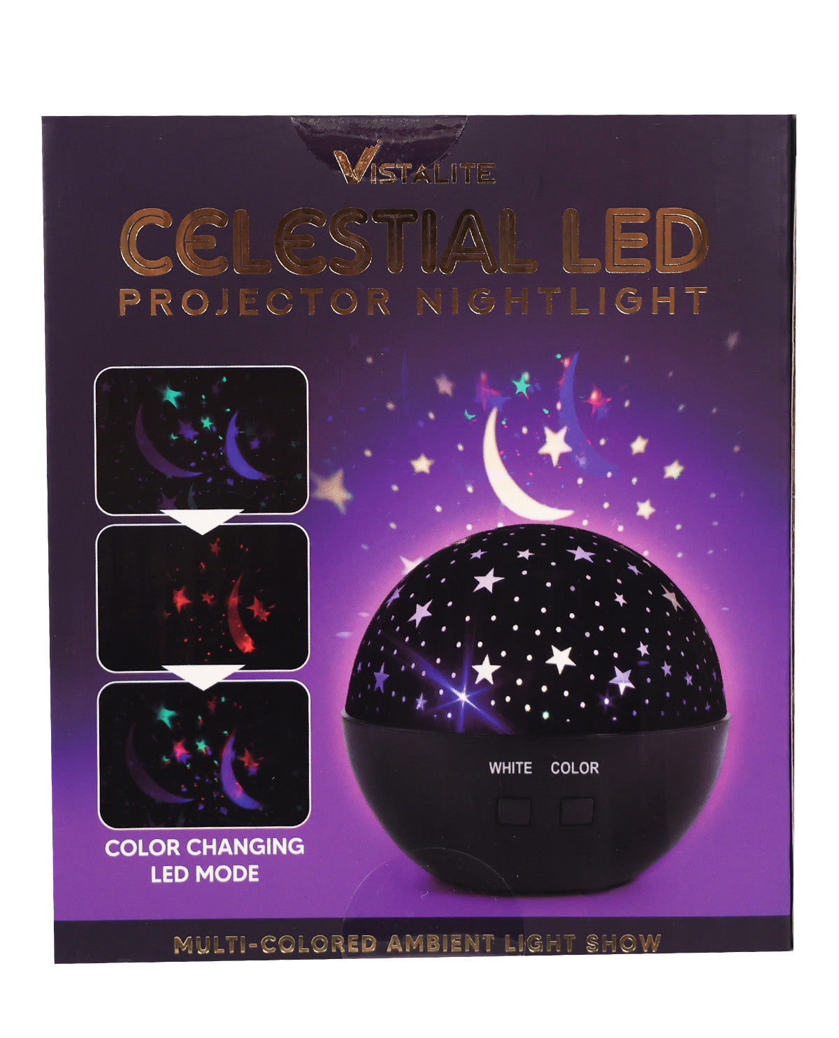 Vistalite Celestial LED Projector Nightlight in its retail packaging, featuring a purple box with gold lettering and an illustration of a starry night sky with a crescent moon and a spherical projector displaying projected stars.