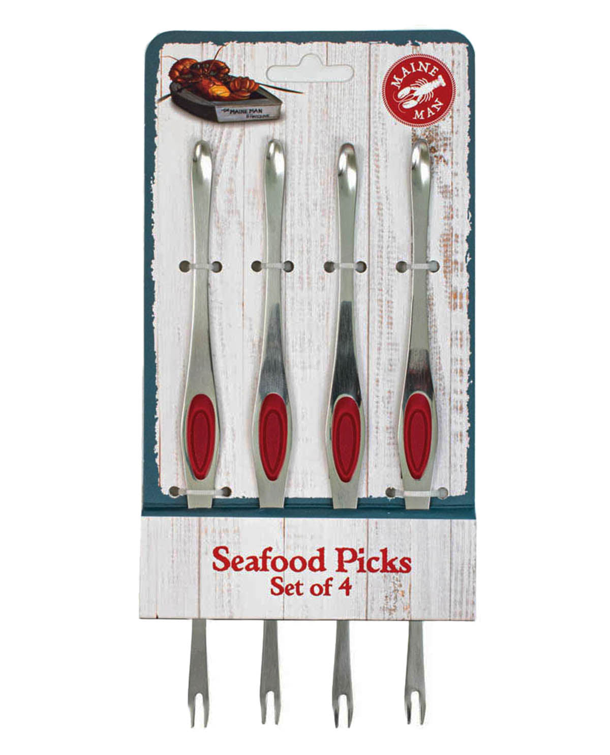 Set of four seafood picks with red ends on a branded packaging