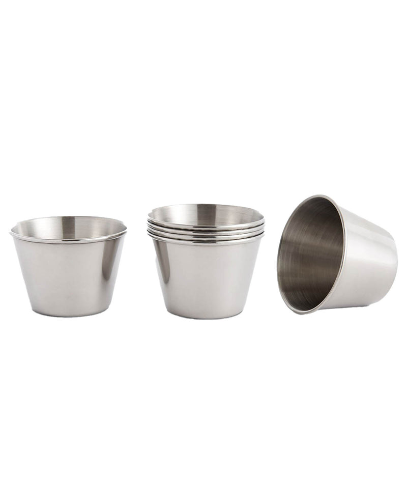 Set of stainless steel cups on a white background