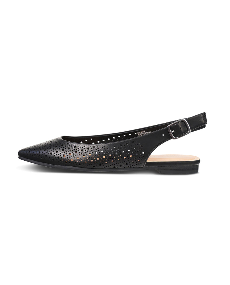 Black perforated slingback flat shoe on a white background