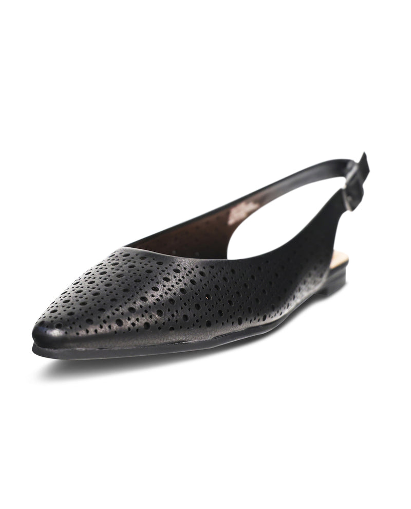 Black perforated slingback flat shoe on a white background