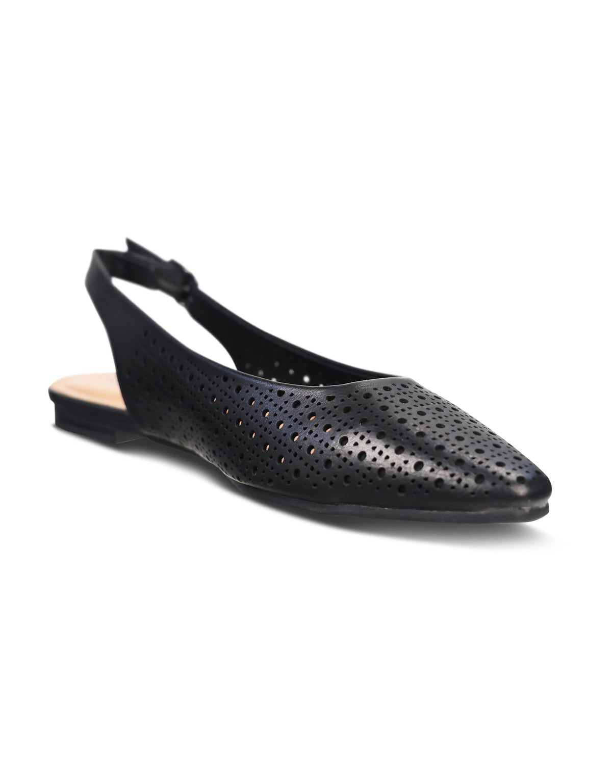 Black perforated slingback flat shoe on a white background