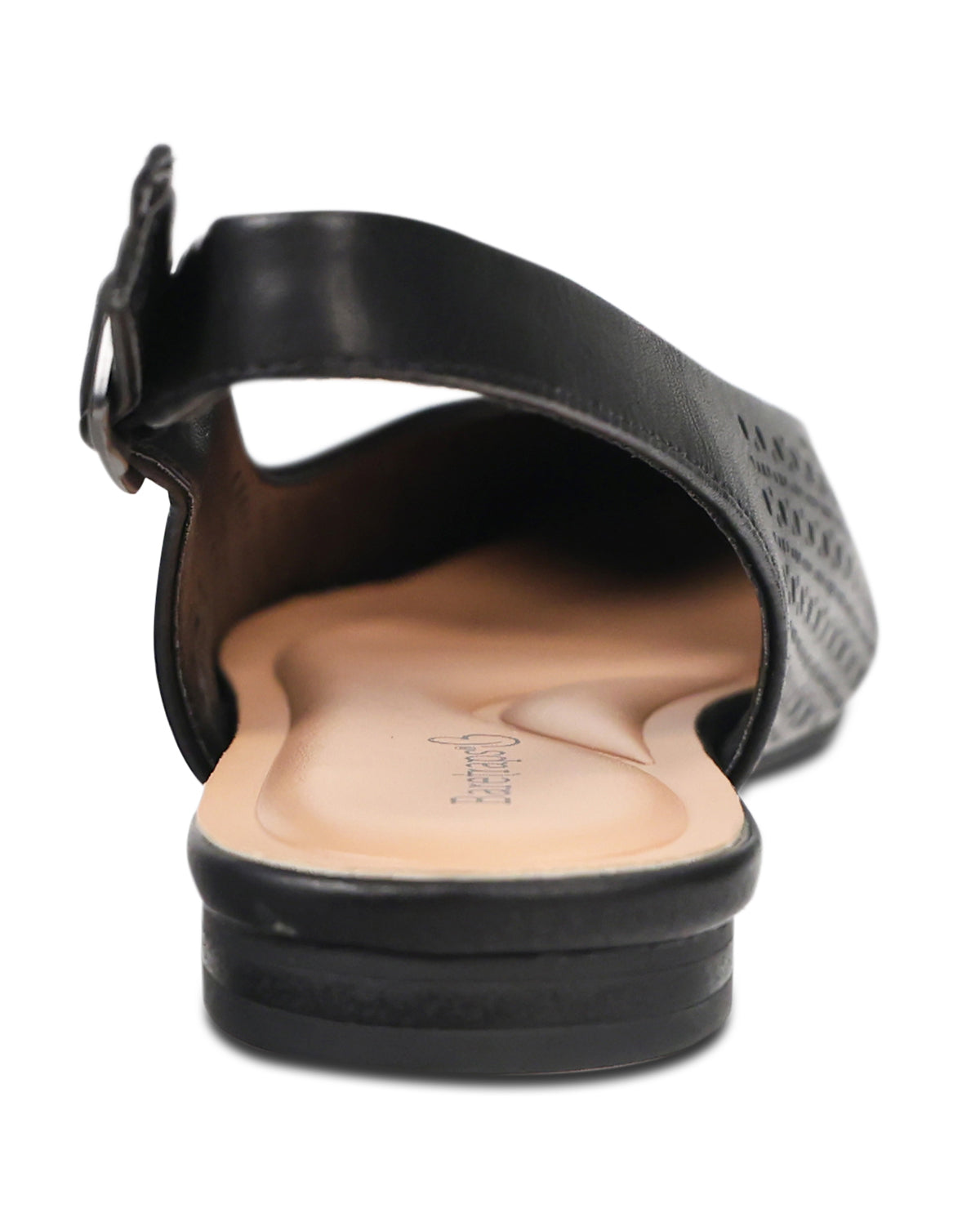 Black perforated slingback flat shoe on a white background
